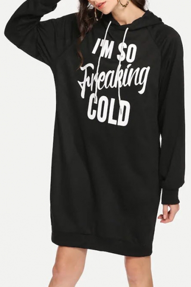 Letter I'M SO FREAKING COLD Printed Long Sleeve Loose Fitted Mini Black Hoodie Dress