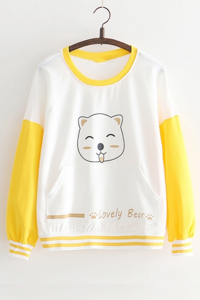 Lovely Bear Printed Color Block Round Neck Long Sleeve White Sweatshirt