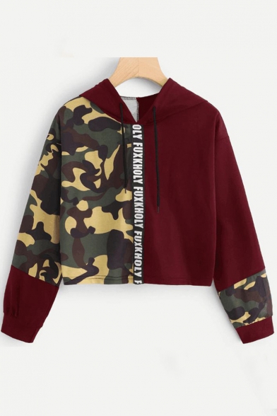 Trendy Camo Pattern Two-Tone Color Block Long Sleeve Burgundy Cropped Hoodie