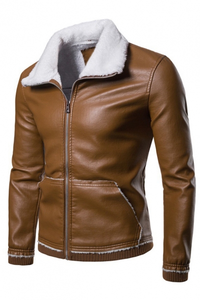 Winter's Long Sleeve Folded Collar Shearling Inside Zip Up Fitted PU Coat