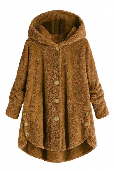 Winter's New Arrival Long Sleeve Hooded Button Front High Low Hem Solid Fleece Coat