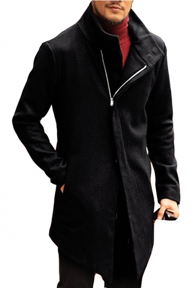 Winter's Stand Collar Long Sleeve Chic Sloping Zip Closure Longline Slim Fitted Coat