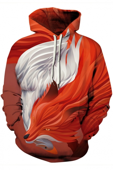 3D Fox Printed Unisex Long Sleeve Leisure Red Hoodie