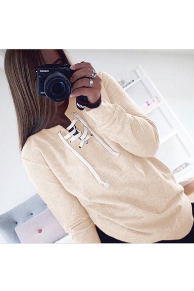 Autumn's New Arrival Long Sleeve Basic Solid Lace-Up Front Sweatshirt
