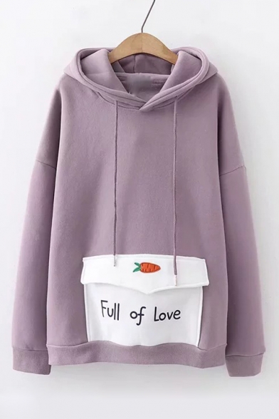 Carrot Letter FULL OF LOVE Embroidered Pocket Long Sleeve Hoodie