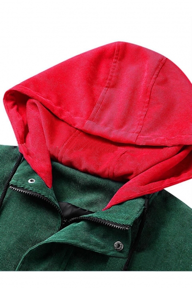 Classic Red and Green Color Block Long Sleeve Hooded Zip Up Corduroy Coat with Pockets