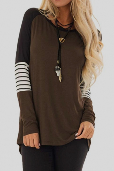 Color Block Striped Printed Long Sleeve Round Neck Relaxed T-Shirt