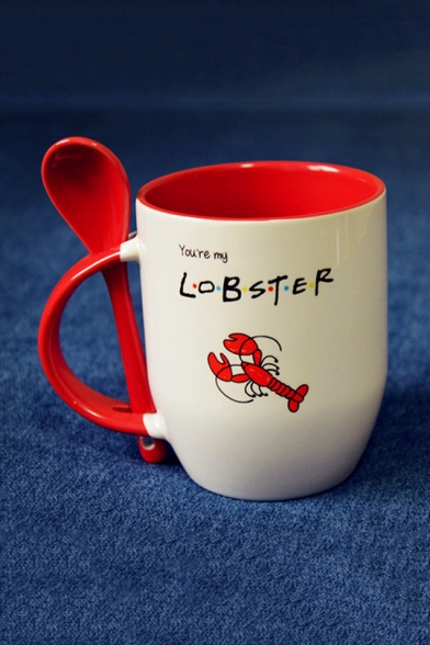 Cute Letter Animal Lobster Printed White Ceramic Mug with Spoon Handle