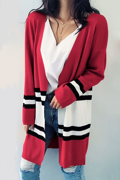 Fancy Striped Color Block Long Sleeve Open Front Longline Cardigan
