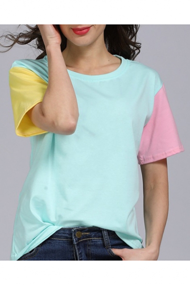 Fashion Colorblock Short Sleeve Round Neck Loose Casual Cotton T-Shirt