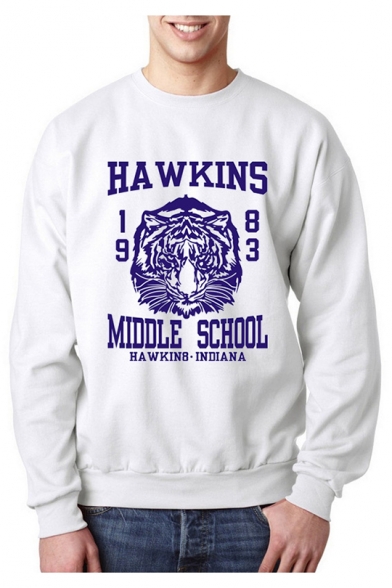 

HAWKINS MIDDLE SCHOOL Letter Tiger Printed Crewneck Long Sleeve Sweatshirt for Men, White;grey