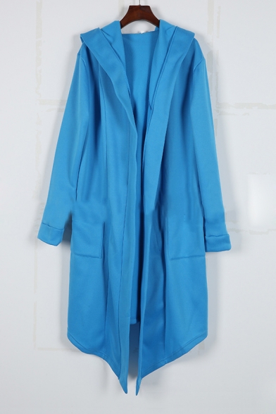 Hot Popular Long Sleeve Plain Hooded Open Front Longline Coat