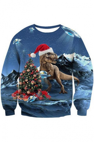 3D Christmas Dinosaur Printed Round Neck Long Sleeve Blue Sweatshirt