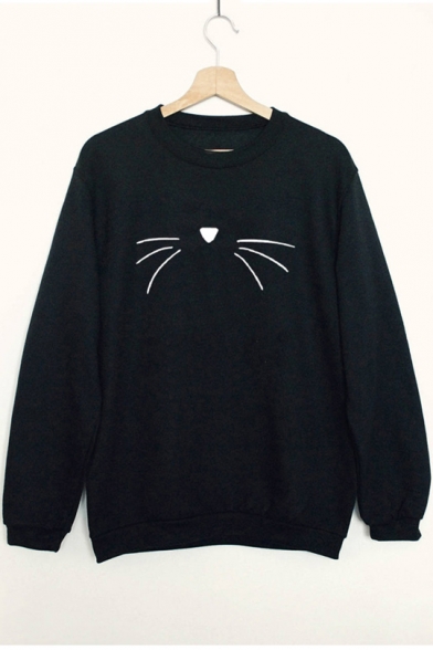 Lovely Cartoon Cat Print Crewneck Long Sleeve Black Pullover Sweatshirt