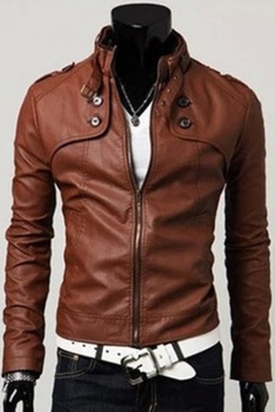 Men's Business Stand Collar Long Sleeve Zip Up Slim Fitted PU Jacket