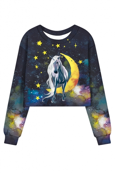 Moon Star Galaxy Unicorn Pattern Round Neck Long Sleeve Navy Sweatshirt