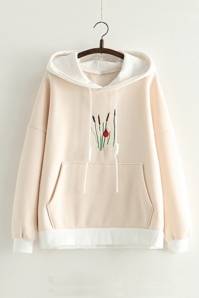 New Arrival Unique Grass Embroidered Long Sleeve Loose Casual Hoodie