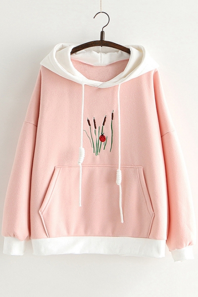 New Chic Cartoon Embroidered Long Sleeve Pocket Front Casual Hoodie