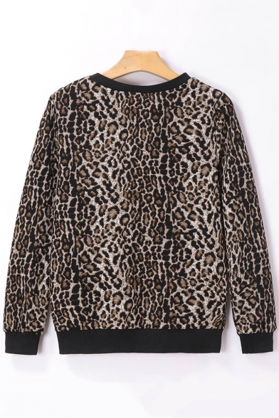 New Trendy Leopard Cartoon Cat Printed Round Neck Long Sleeve Pullover Sweatshirt