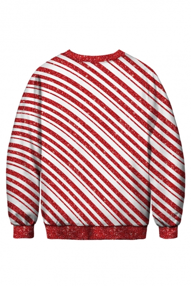 Red and White Striped Printed Unicorn Crew Neck Long Sleeve Sweatshirt