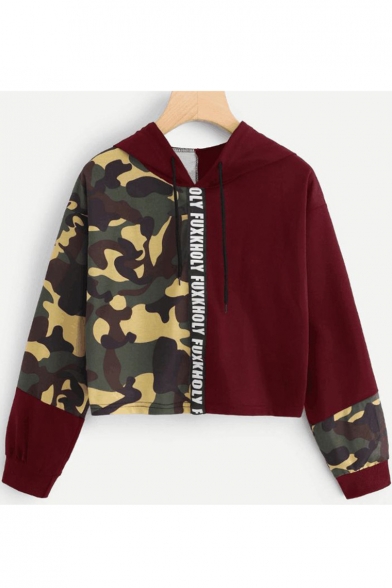 Trendy Camo Pattern Two-Tone Color Block Long Sleeve Burgundy Cropped Hoodie