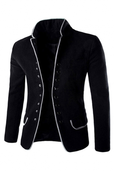 Trendy Contrast Trim Stand Mandarin Collar Long Sleeve Button Front Slim Woolen Coat