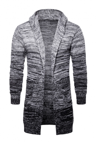 Trendy Ombre Gray Hooded Long Sleeve Open Front Longline Cardigan