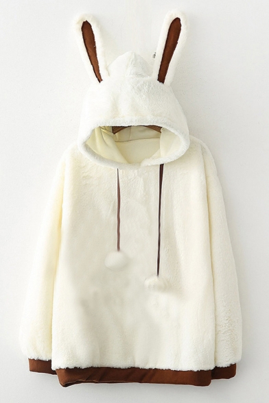 Winter's Fashionable Cartoon Rabbit Ear Hood Long Sleeve Colorblock White Hoodie