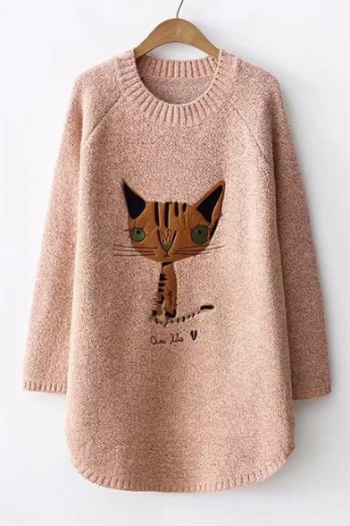 Winter's New Arrival Long Sleeve Crewneck Cartoon Cat Embroidered Tunic Loose Fit Sweater