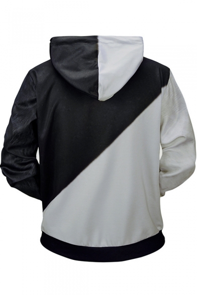 3D Cat Printed Chic Color Block Two-Tone Black and White Hoodie