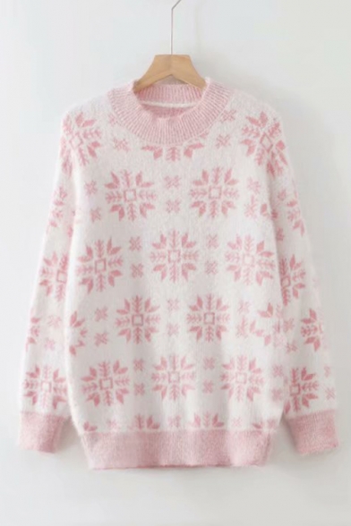 Chic Snowflake Printed Long Sleeve Crew Neck Pullover Fitted Sweater