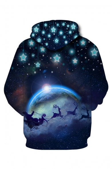 Digital Christmas Series Galaxy Pattern Long Sleeve Black Drawstring Hoodie for Men