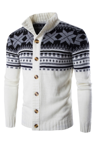 Fashion Geometric Snowflake Printed Long Sleeve Stand Collar Button Down Cardigan