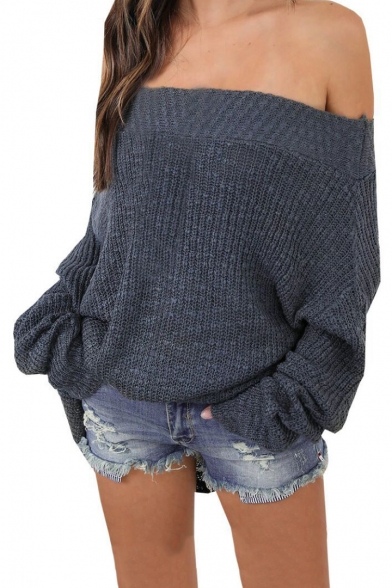 Long Sleeve Off The Should Plain Batwing Sleeve Sweater
