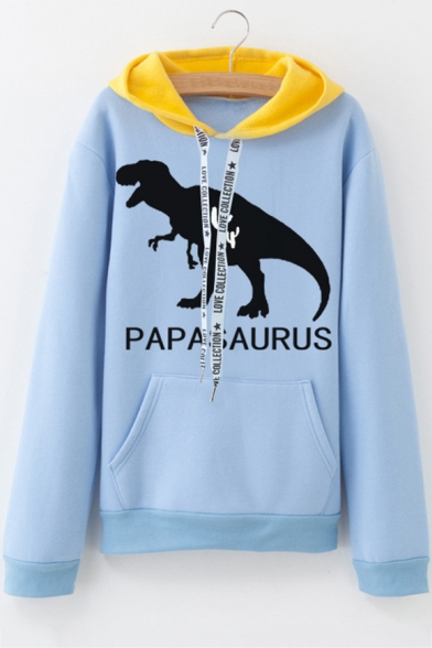Letter Dinosaur Printed Fashion Colorblock Long Sleeve Casual Hoodie