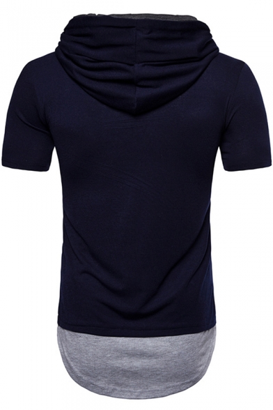 Men's Trendy Short Sleeve Hooded Colorblock Round Hem Button Front Slim Fitted T-Shirt