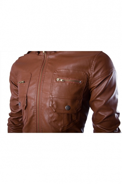 Men's Trendy Zip Embellished Long Sleeve Stand Collar PU Biker Jacket