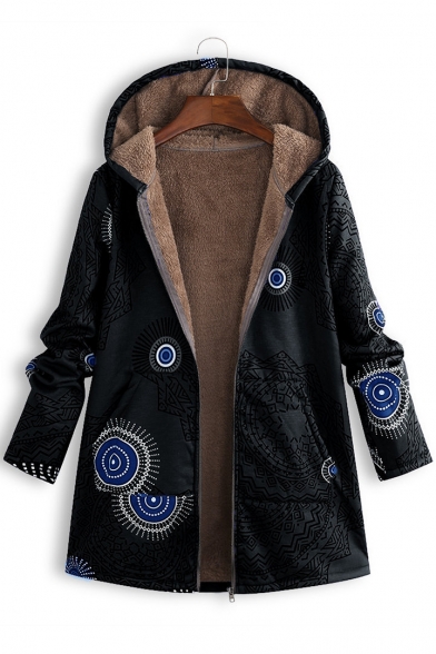New Trendy Geometric Printed Long Sleeve Hooded Zip Up Fleece Coat