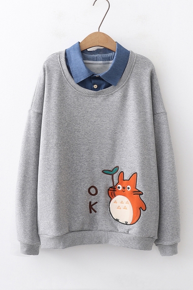 Patched Lapel Collar Long Sleeve Cartoon Cat Printed Pullover Sweatshirt