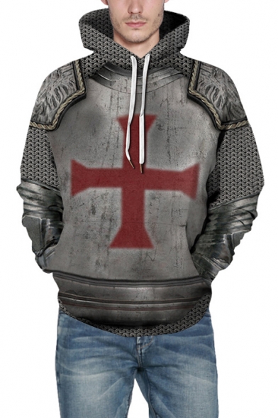 Red Cross Fashion 3D Armour Pattern Long Sleeve Gray Unisex Casual Hoodie