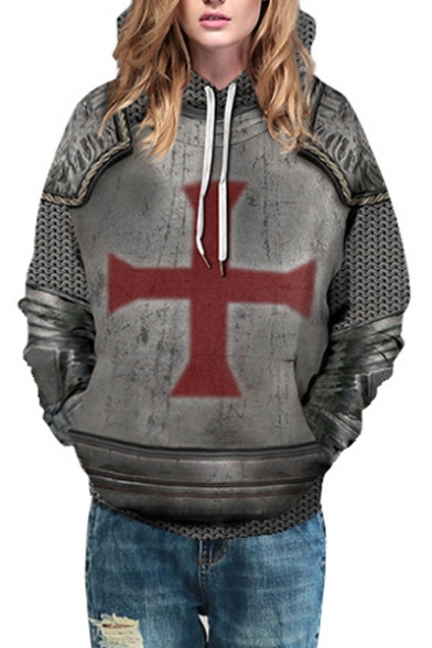 Red Cross Fashion 3D Armour Pattern Long Sleeve Gray Unisex Casual Hoodie