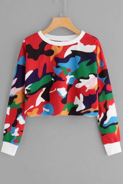 Round Neck Long Sleeve Fancy Color Block Red Cropped Sweatshirt