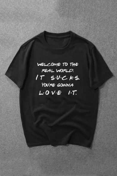 Street Style Letter WELCOME TO THE REAL WORLD Print Crewneck Short Sleeve Black T-Shirt