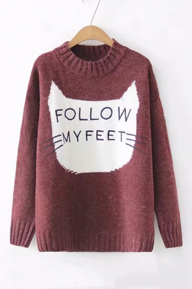 Trendy Colorblock Cartoon Letter FOLLOW MY FEET Cat Printed Crew Neck Long Sleeve Sweater