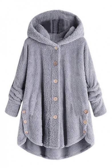 Winter's New Arrival Long Sleeve Hooded Button Front High Low Hem Solid Fleece Coat