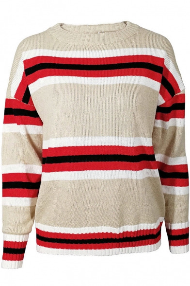 Autumn's New Fashion Striped Printed Round Neck Long Sleeve Slim Khaki Sweater