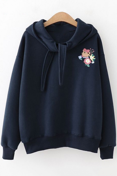 Cartoon Floral Embroidered Long Sleeve Regular Hoodie for Juniors