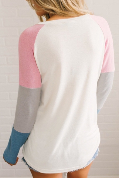 Chic Round Neck Colorblock Long Sleeve Twist Hem Loose Leisure T-Shirt
