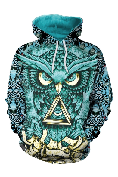 Fashion 3D Green Night Owl Pattern Long Sleeve Casual Loose Hoodie