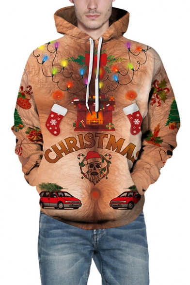 Funny Cartoon 3D Christmas Pattern Long Sleeve Brown Unisex Hoodie